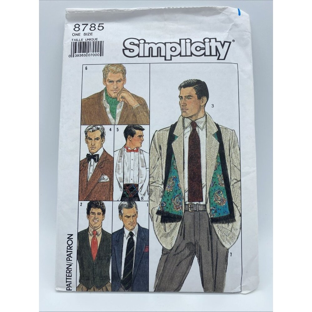 Simplicity 8785 Men’s Accessories Ties Scarf Cummerbund Sewing Pattern 1996